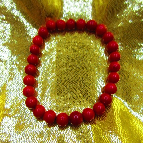 Red Coral 6mm Round 7" Stretchy Gemstone Bracelet - Picture 2 of 3